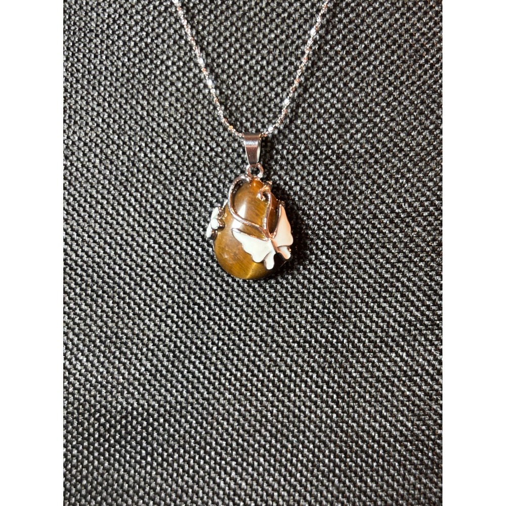 Tigers Eye Butterfly Pendant Necklace Silver Tone Stainless Steel Chain Brown